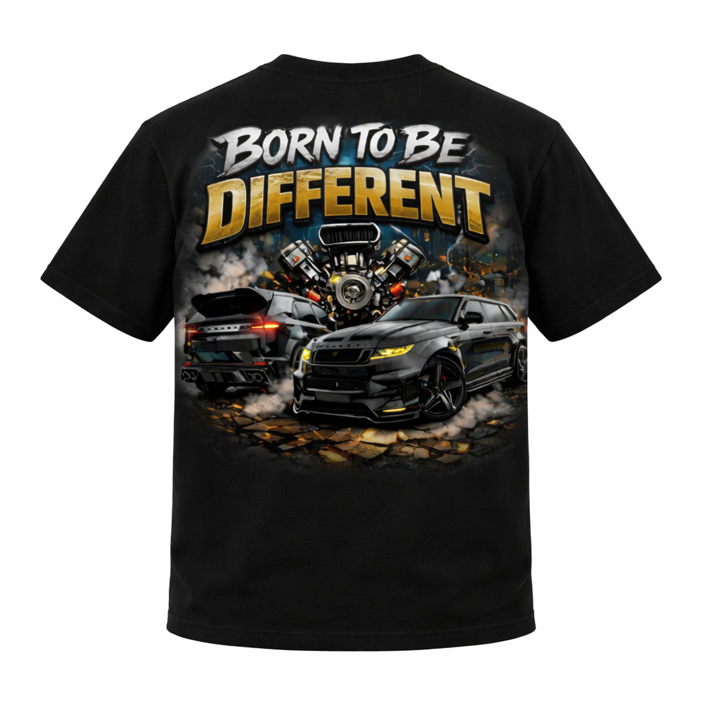 Born to be different Gold version Rear view of the Tshirt with a white background.