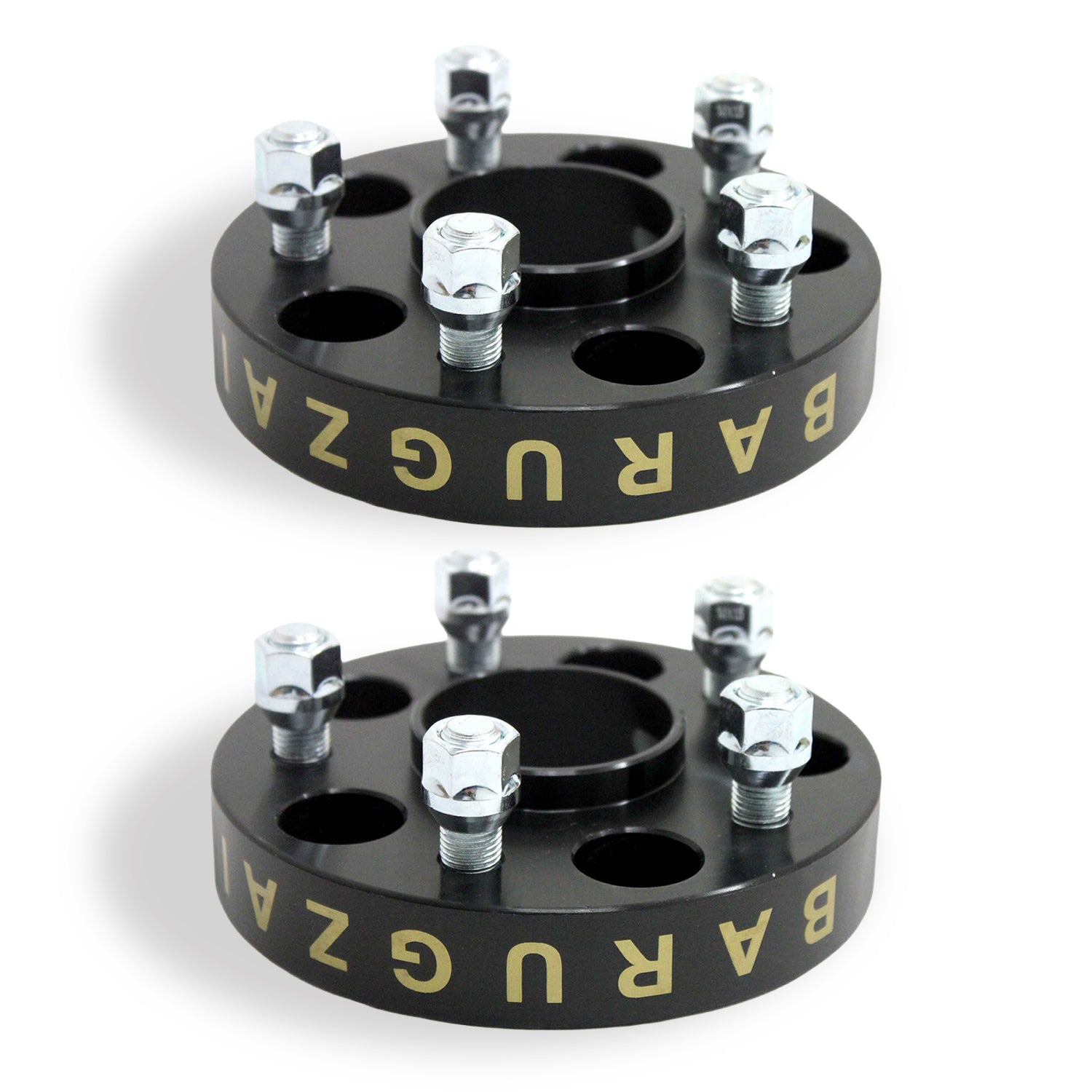 Two black 25MM wheel spacers with gold 'BARUGZAI' branding on a white background