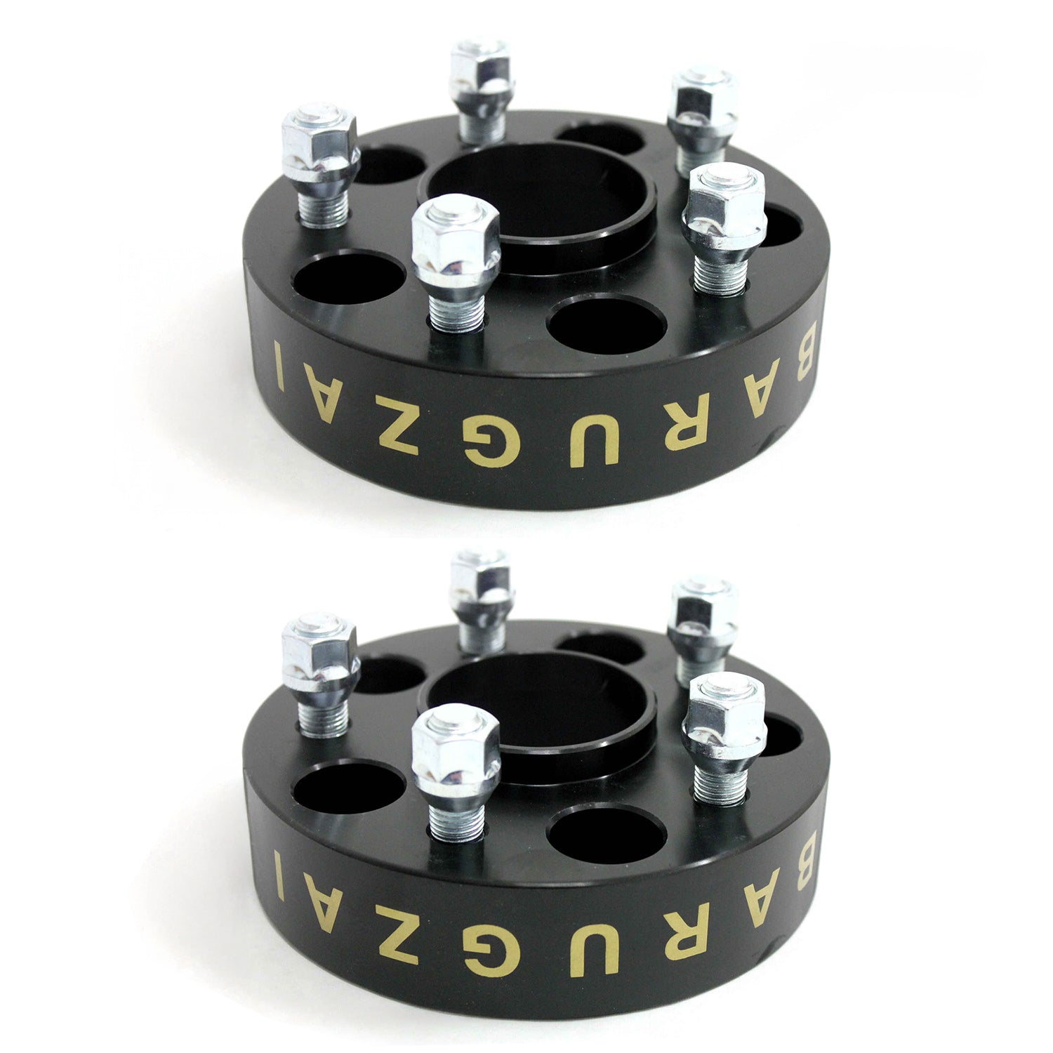 Two black 40MM wheel spacers with gold 'BARUGZAI' branding on a white background