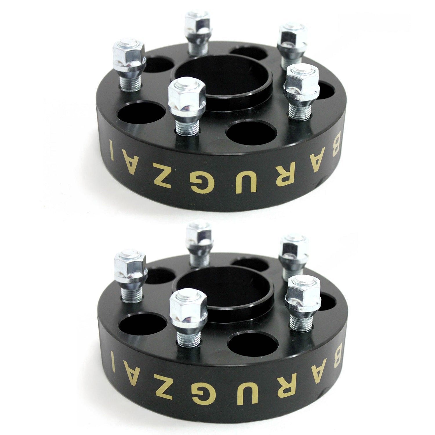 Two black 30MM wheel spacers with gold 'Barugzai' branding on a white background