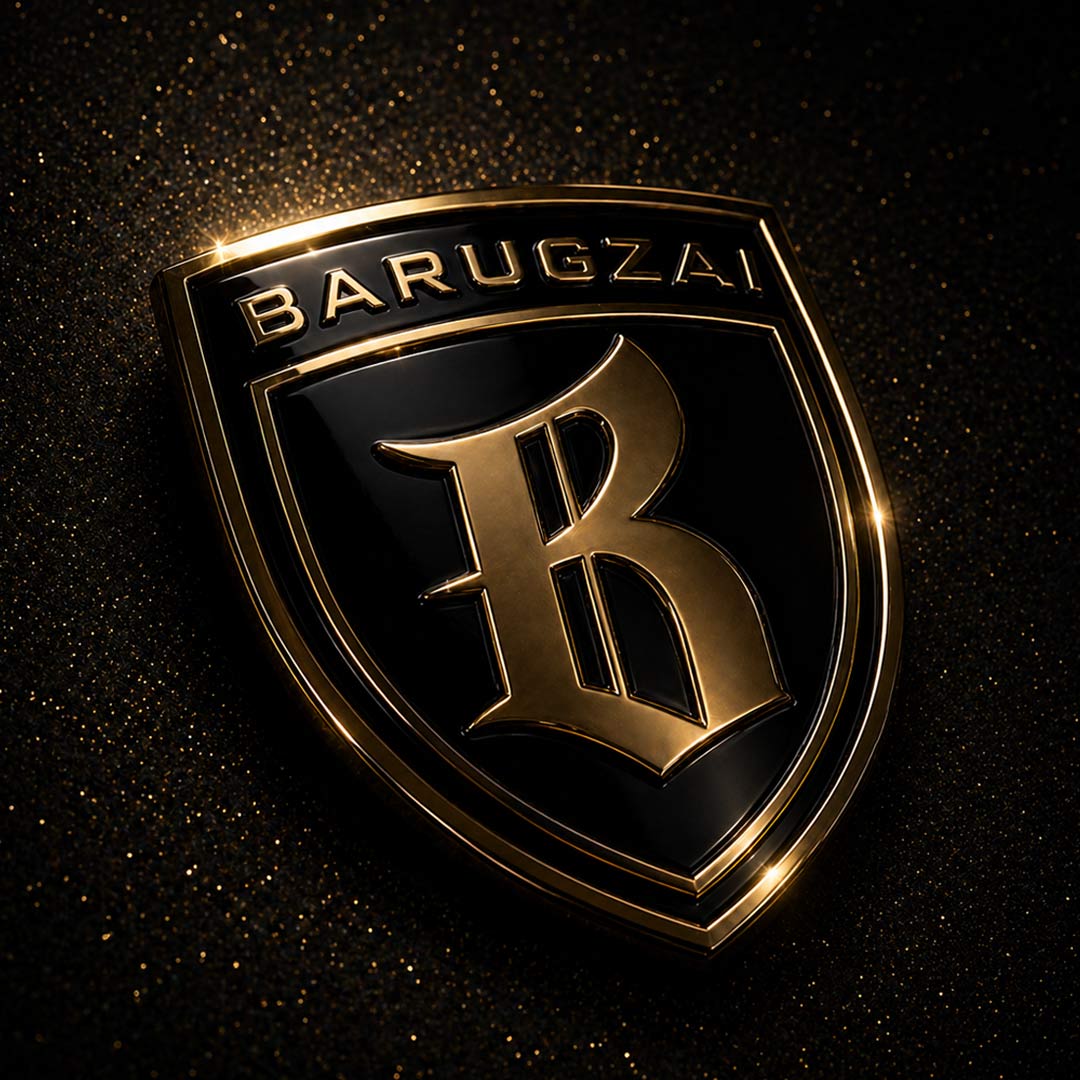 Barugzai Black Badge Reserved Edition emblem in black and gold enamel finish with raised metallic detailing, luxury curved aluminium badge and cinematic low-light VIP sparkle effect.