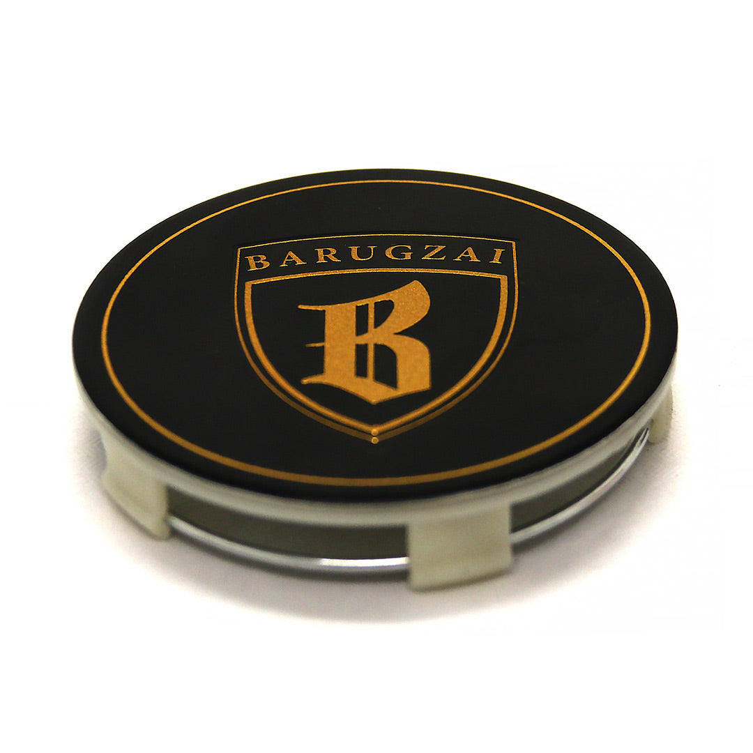 Barugzai black centre cap with gold ring and embossed Barugzai emblem for gloss black wheels