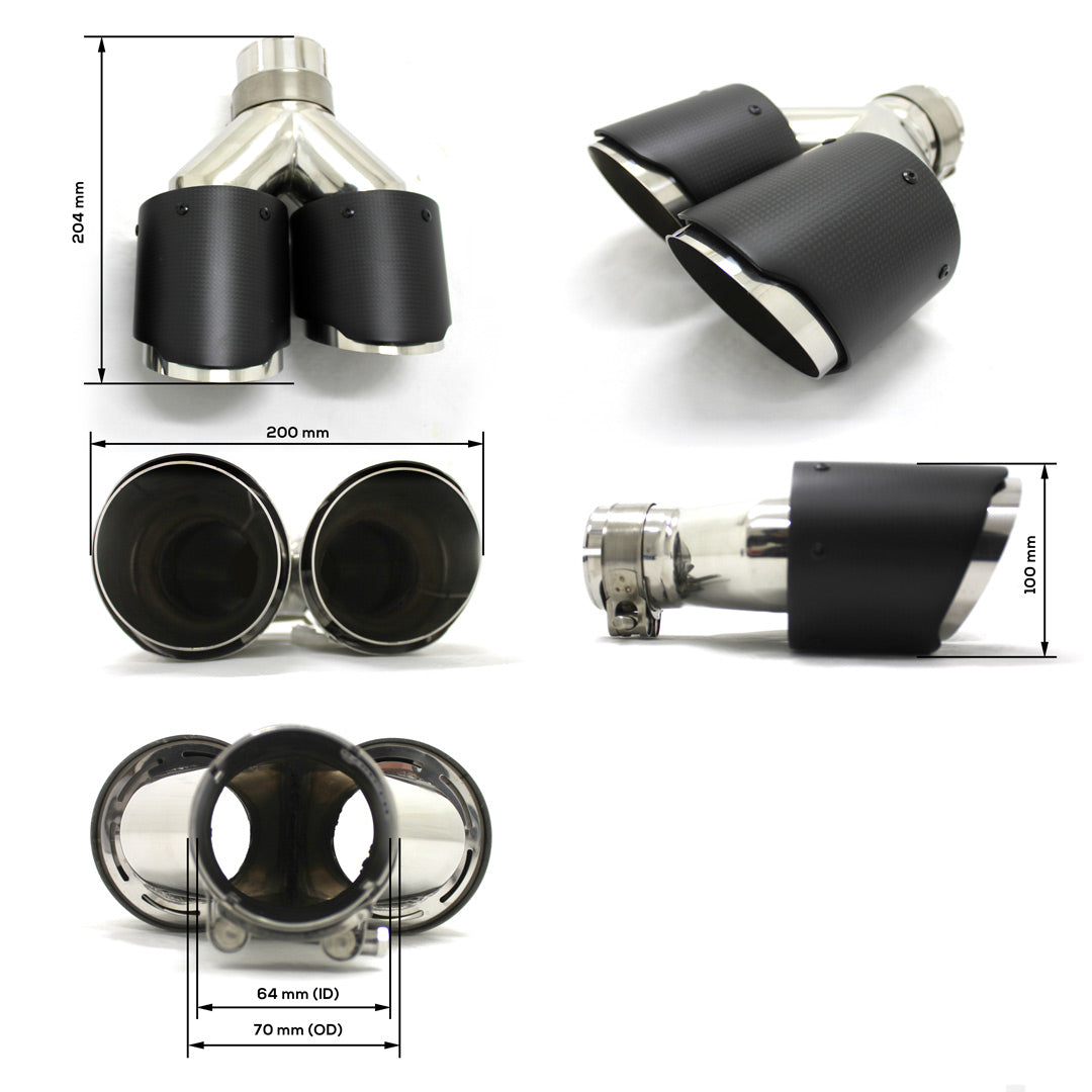 Barugzai twin-style carbon fibre exhaust tips dimensions and universal fitment diagram