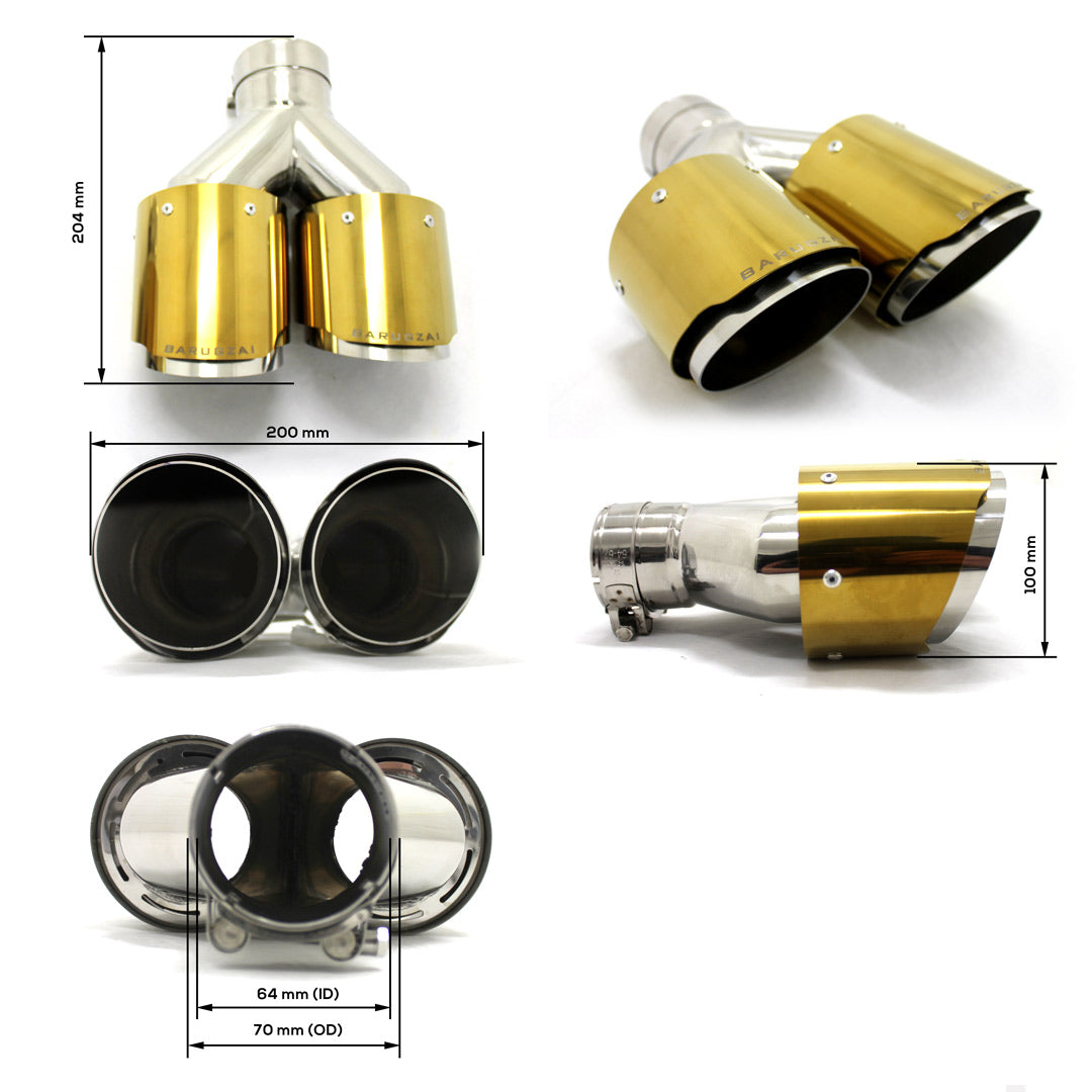 Barugzai twin-style gold plated exhaust tips dimensions and universal fitment diagram
