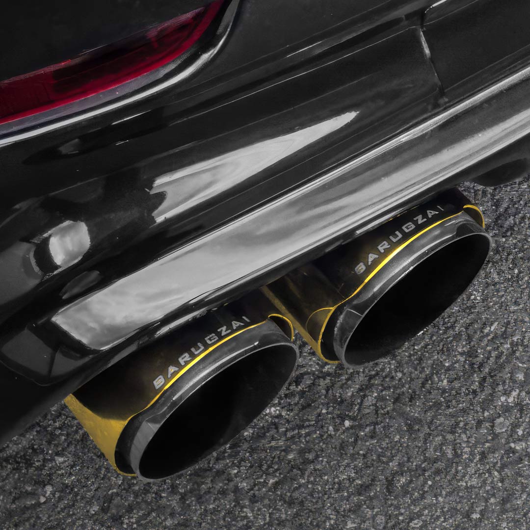 Barugzai gold plated twin-style exhaust tips installed on vehicle rear