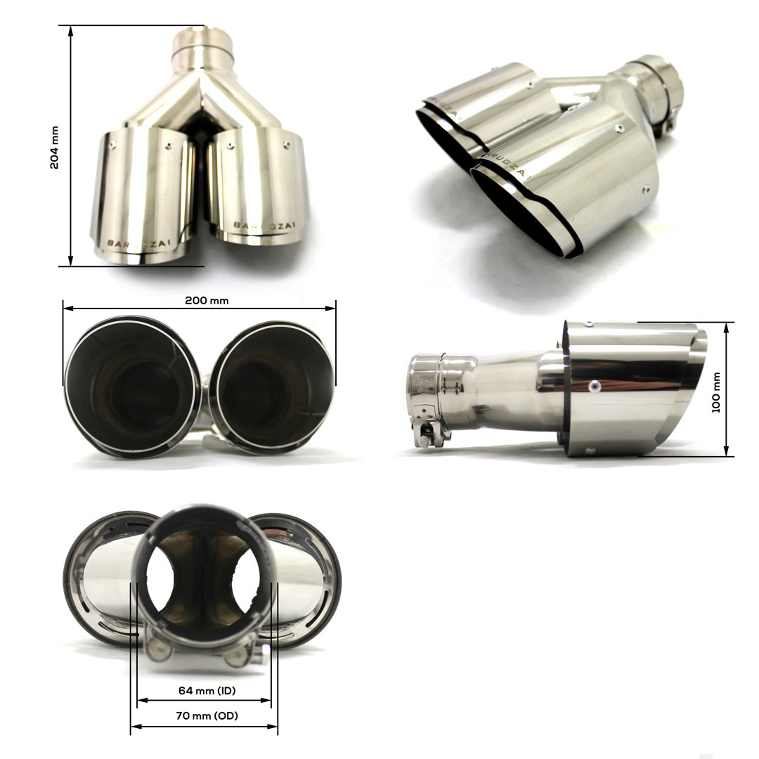 Barugzai twin-style stainless steel exhaust tips dimensions and universal fitment diagram