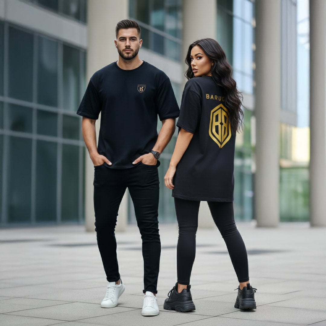 Male and female models wearing Barugzai Monolith Crest black luxury streetwear t-shirt