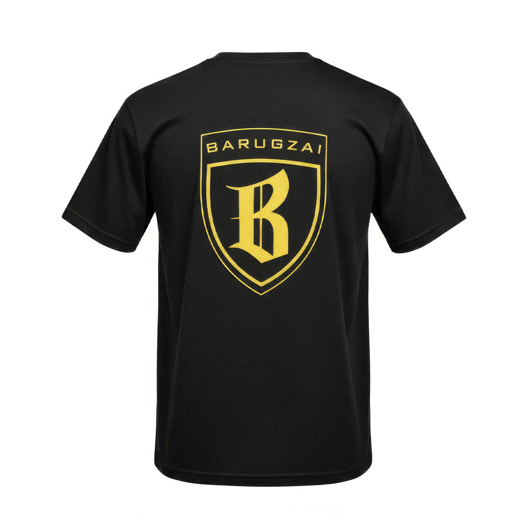 Black t-shirt with yellow logo and text on a white background.