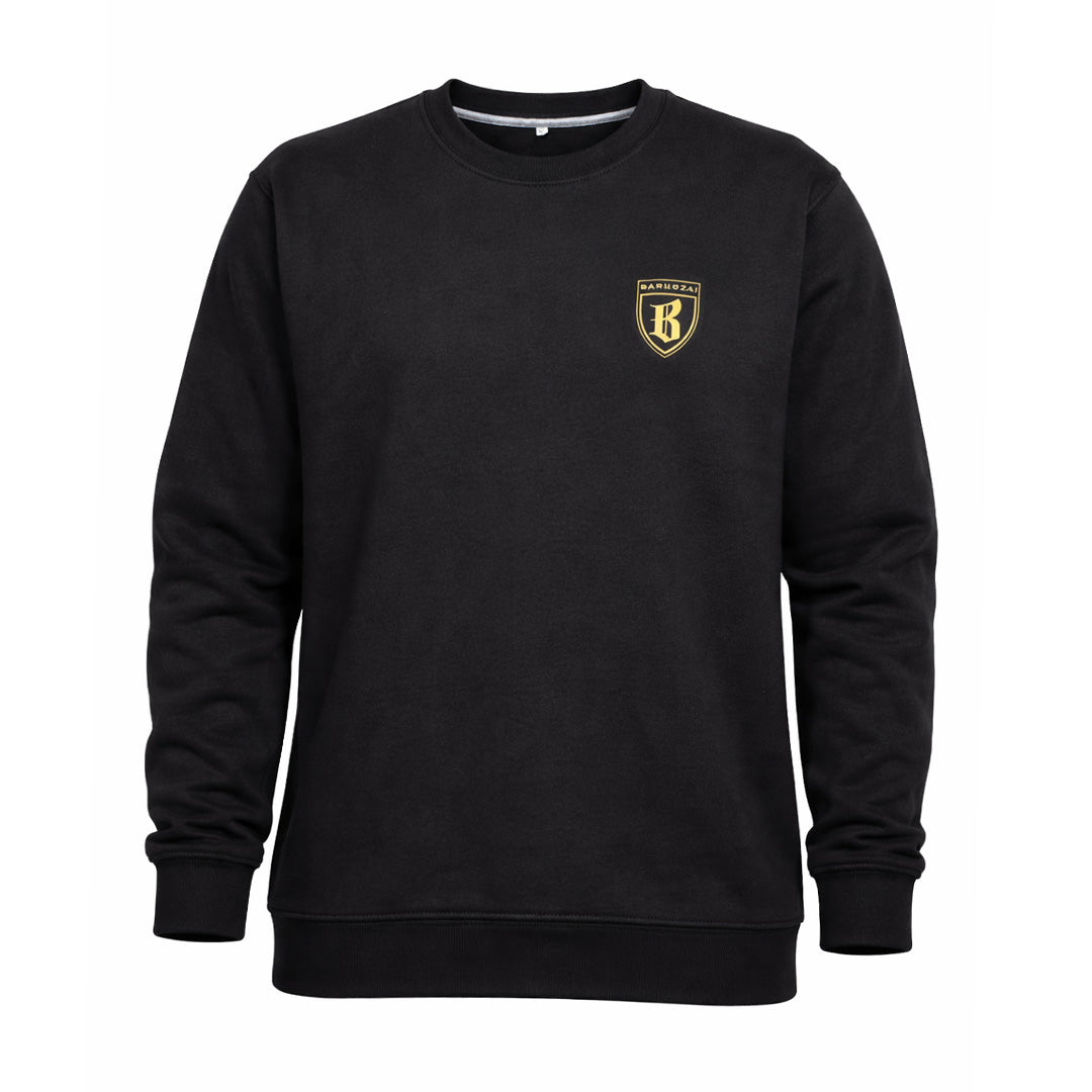 Black sweatshirt with a gold barugzai logo on a white background