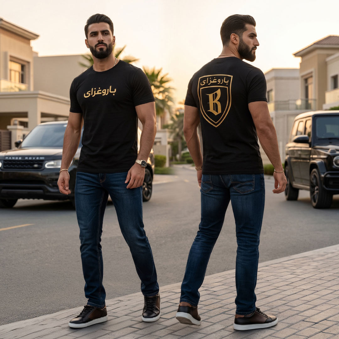 Barugzai Arabic shield t-shirt worn by male model front and back