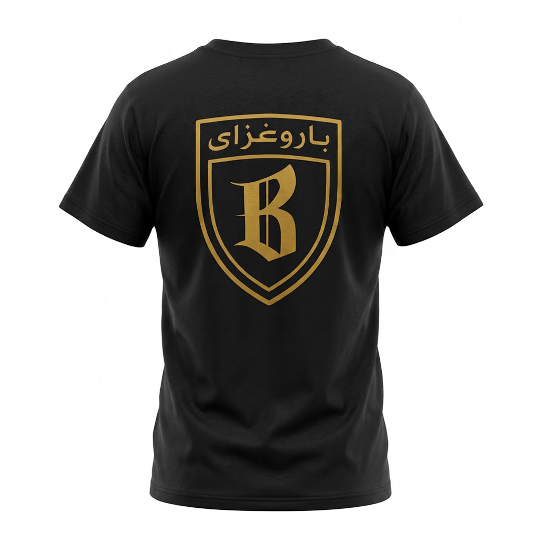 Barugzai shield crest t-shirt gold back print