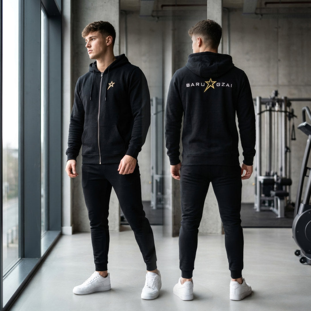 Barugzai B-Star black zip hoodie lifestyle shot on male model in gym setting
