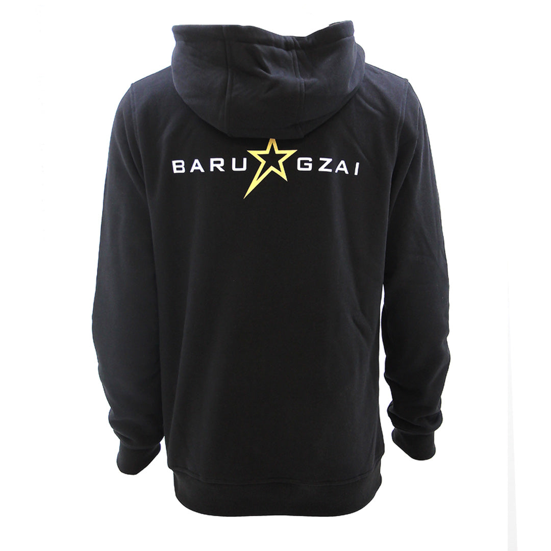 Back view of Barugzai B-Star zip hoodie in black with Barugzai star branding