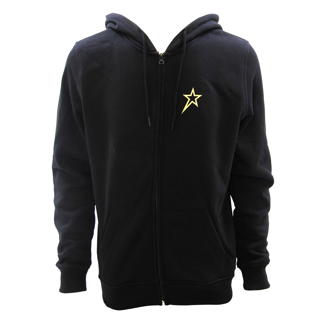 Barugzai B-Star zip hoodie front view in black with gold star emblem