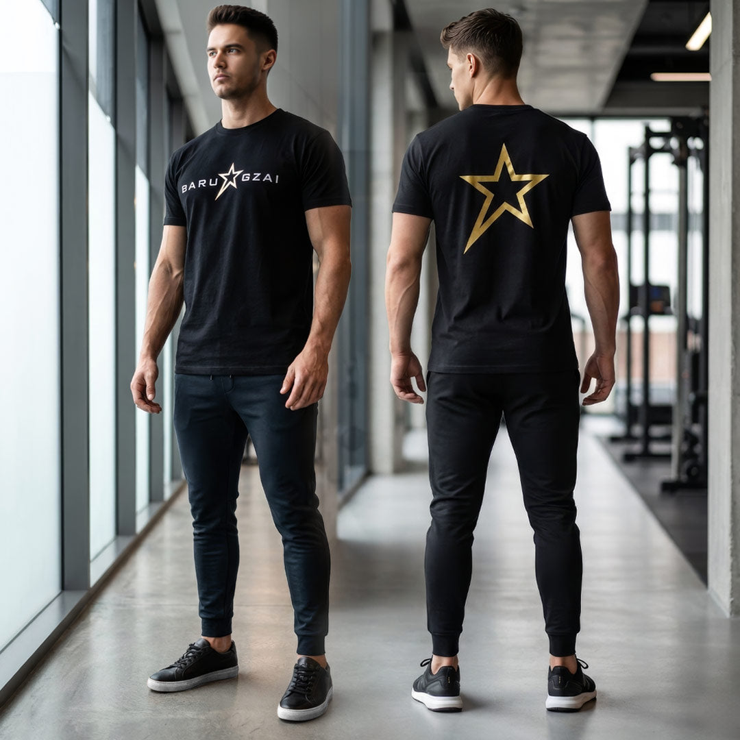 Barugzai B-Star T-shirt lifestyle shot worn by male model in modern gym setting.