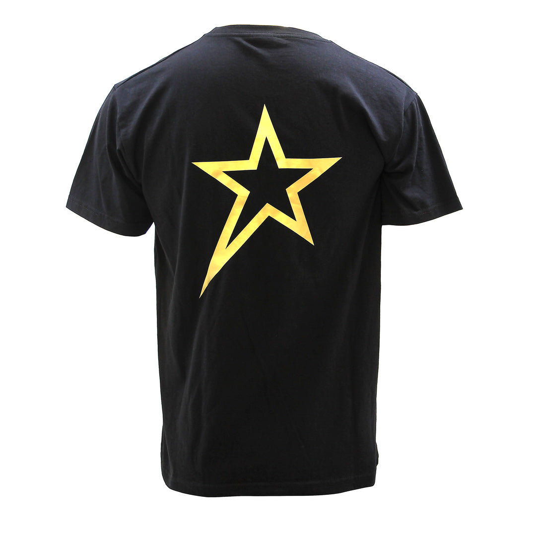 Back view of Barugzai B-Star unisex black T-shirt featuring gold star emblem