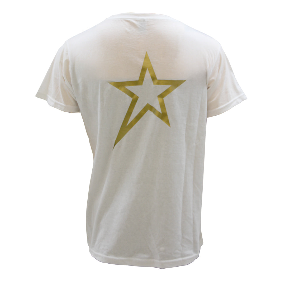 Back view of Barugzai B-Star unisex white T-shirt featuring gold star emblem