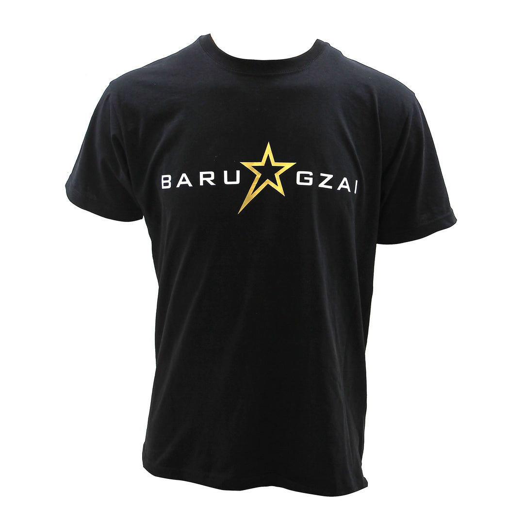 Barugzai B-Star unisex black T-shirt front view with gold star logo