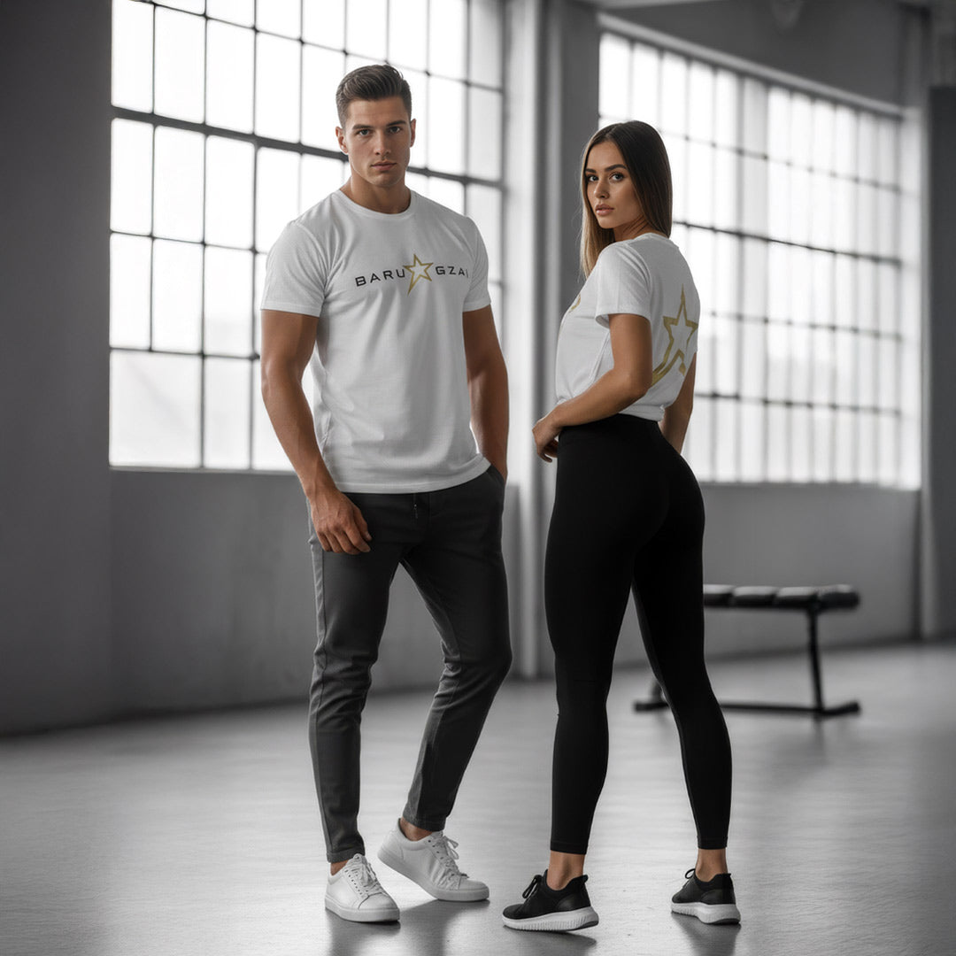 Barugzai B-Star unisex white T-shirt lifestyle shot worn by male and female models in gym setting