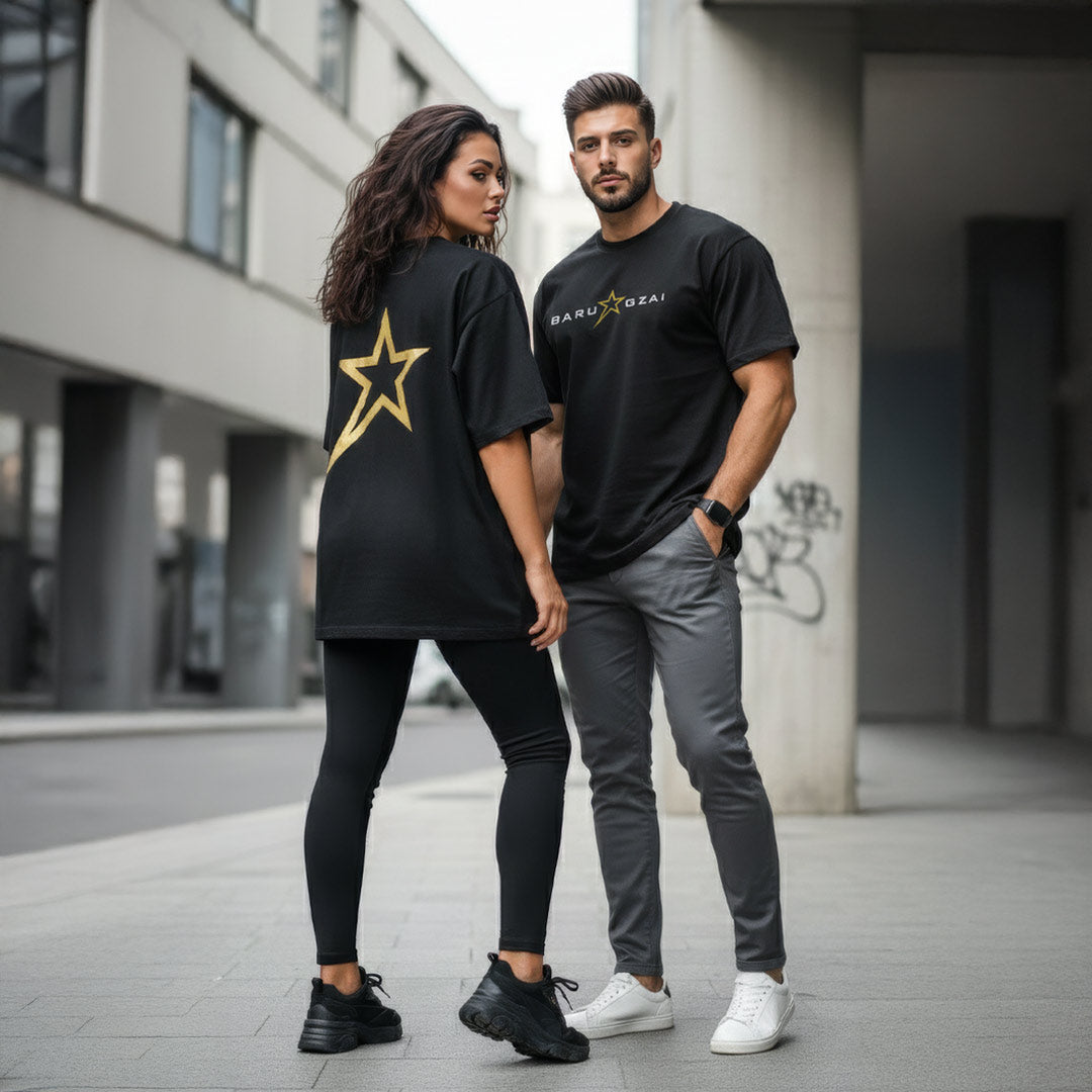 Male and female models wearing Barugzai B-Star heavyweight black streetwear t-shirt urban lifestyle