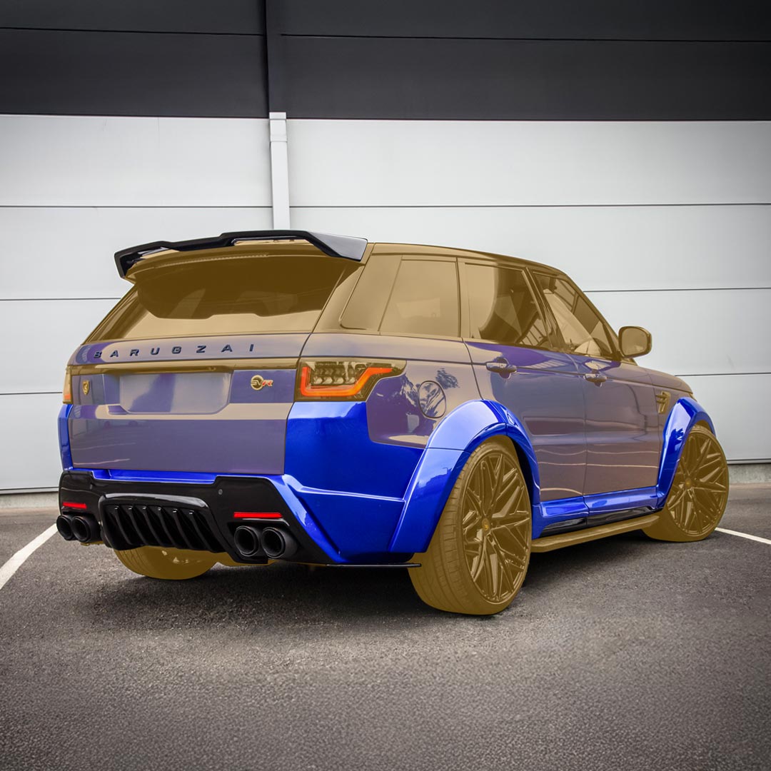 Blue Range Rover Sport Cabaro II – Rear Quarter with Wide Styling, components revealed.