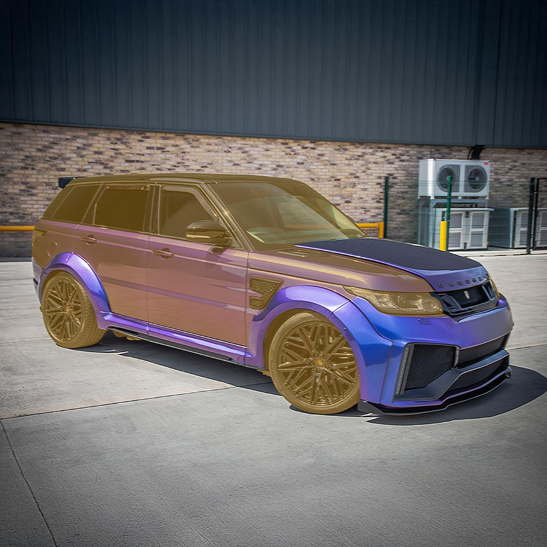 Purple Barugzai Cabaro I Bodykit overlay showing highlighted parts including front bumper, skirts, and diffuser.