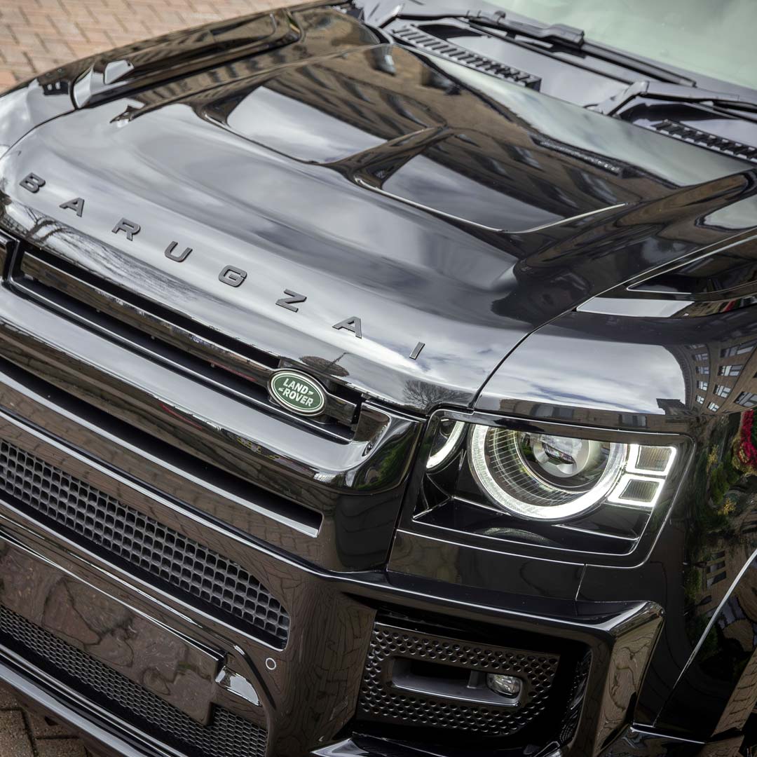 Black Barugzai Falcon Body Kit – Defender 90 Grille and Bonnet Lettering Detail
