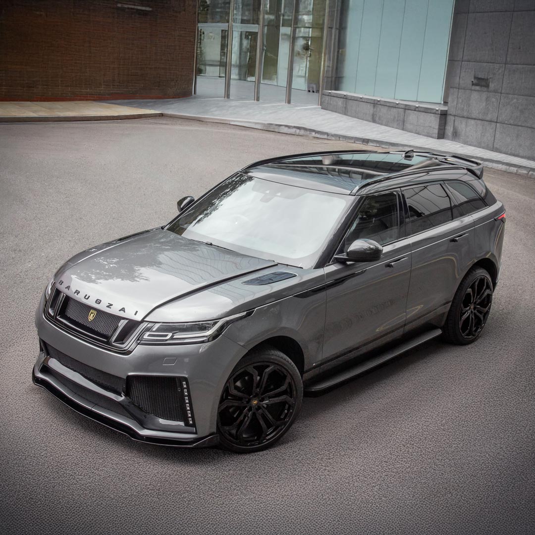 Grey Range Rover Velar Huntress Bodykit front quarter long view showing dynamic road stance and bold styling.