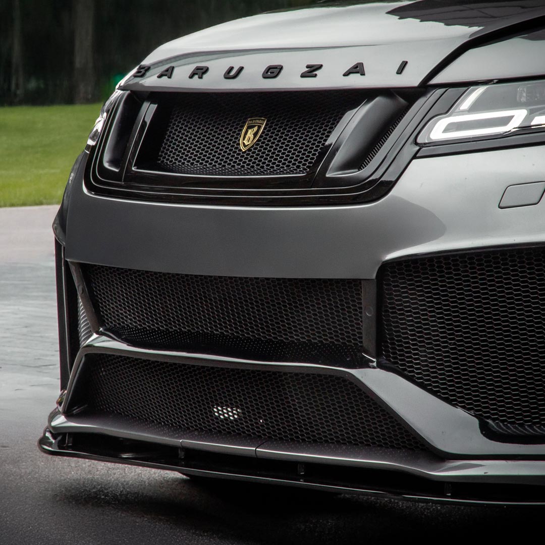 Close-up of the Grey Huntress front bumper showing sharp edges and premium design craftsmanship.