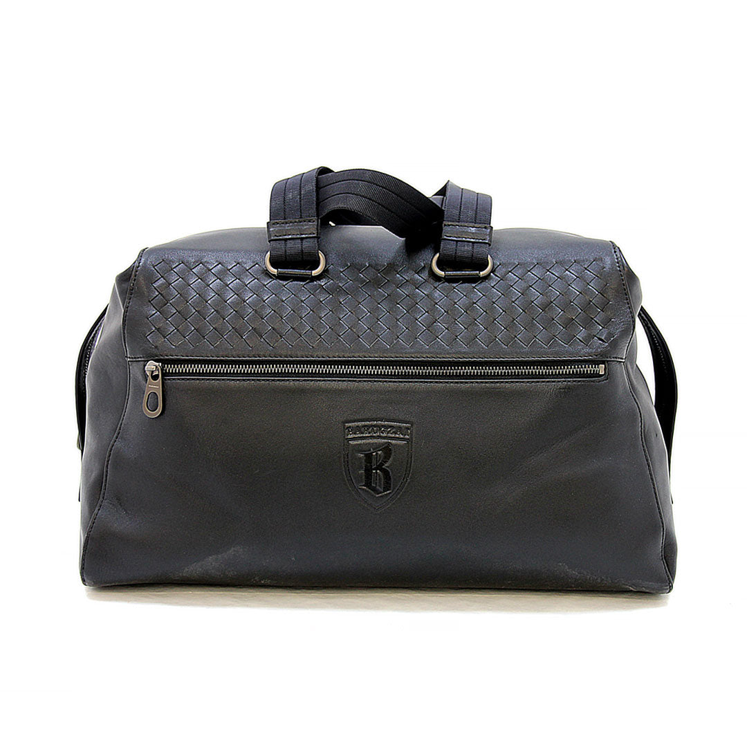 Barugzai luxury leather holdall front view with embossed logo