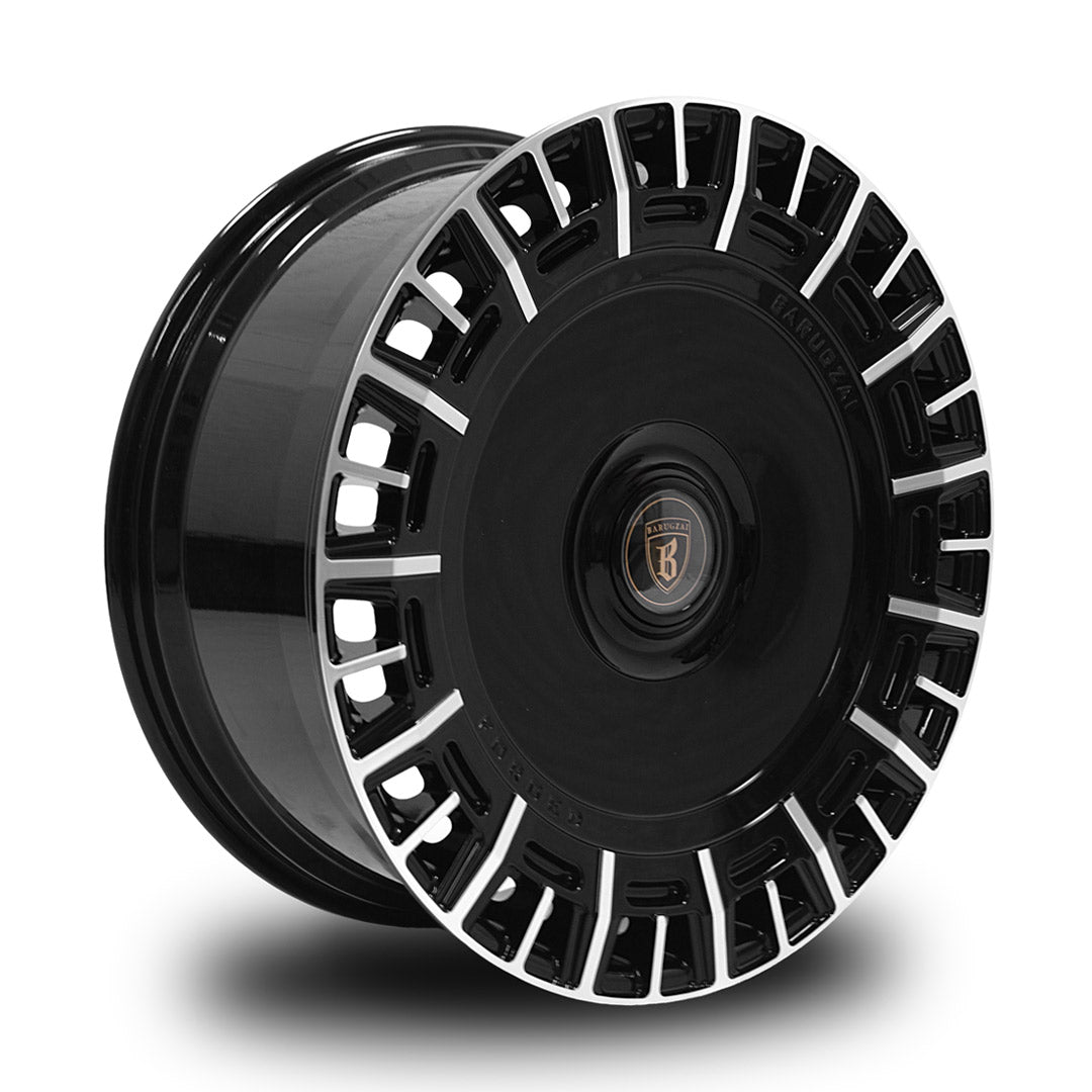 Angled view of Barugzai Monoblok 22 inch alloy wheel gloss black with polished face