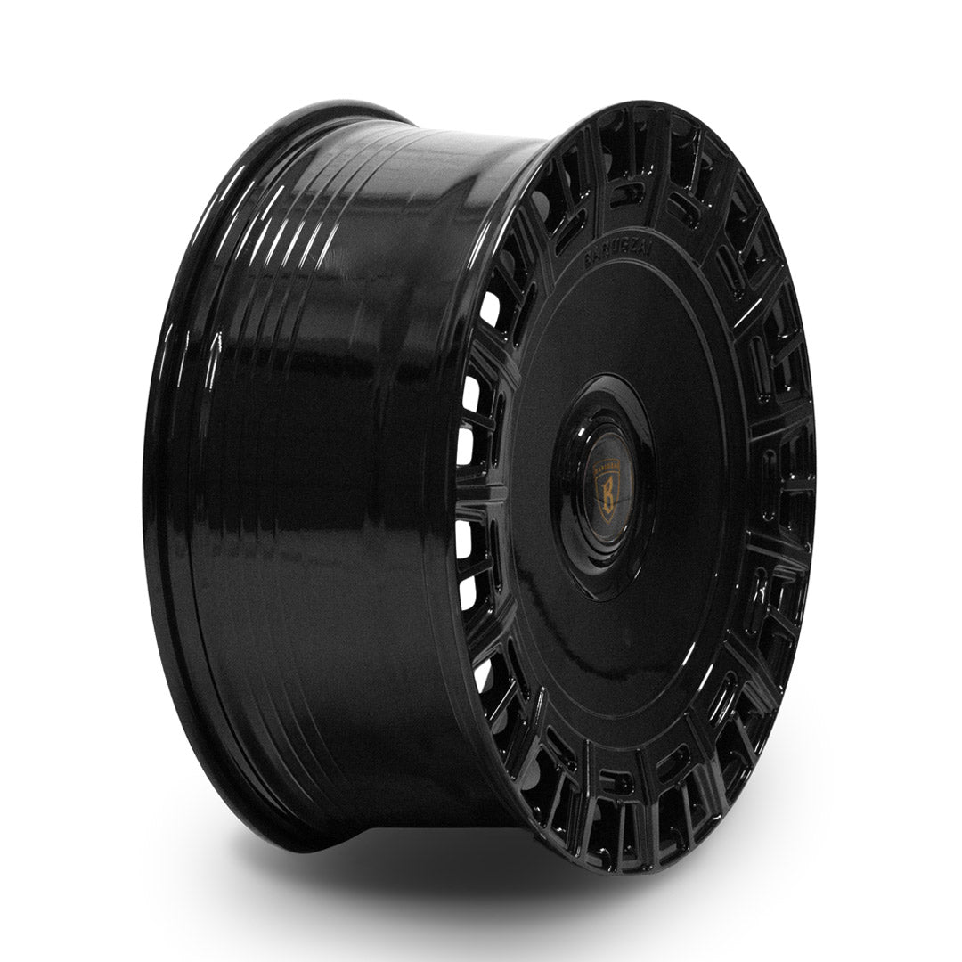 Side profile of Barugzai Monoblok 22 inch wheel showing deep gloss black barrel and face