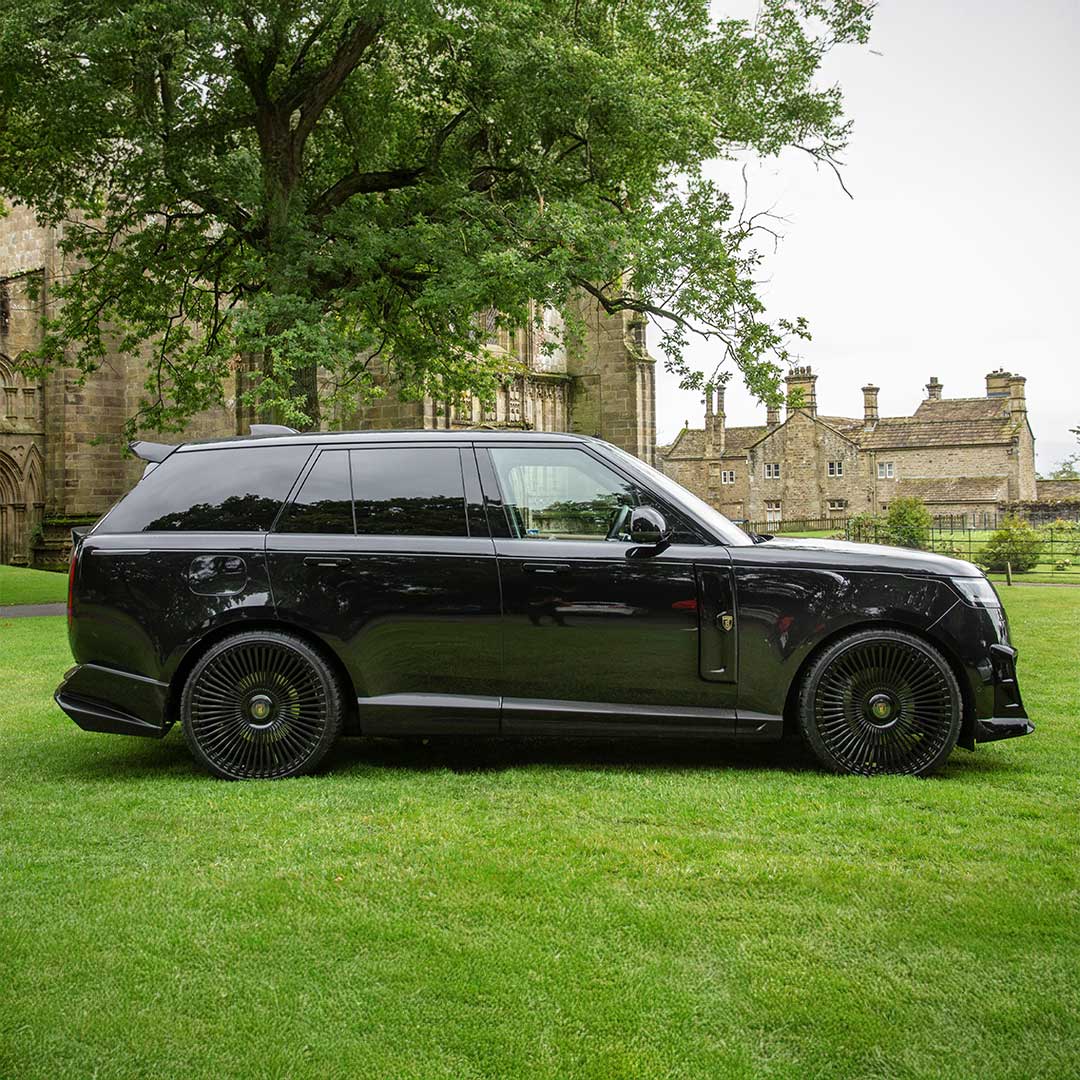 Black Range Rover L460 side profile showcasing Barugzai Nebula Body Kit styling panels