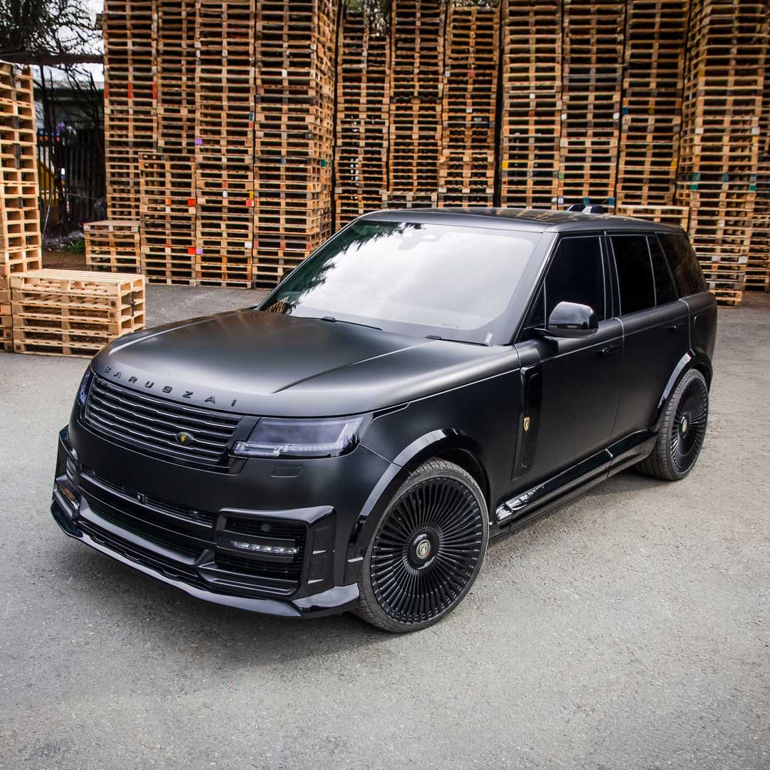 Black Barugzai Nebula Widebody Kit on Range Rover L460 – front quarter hero shot showing wide arches
