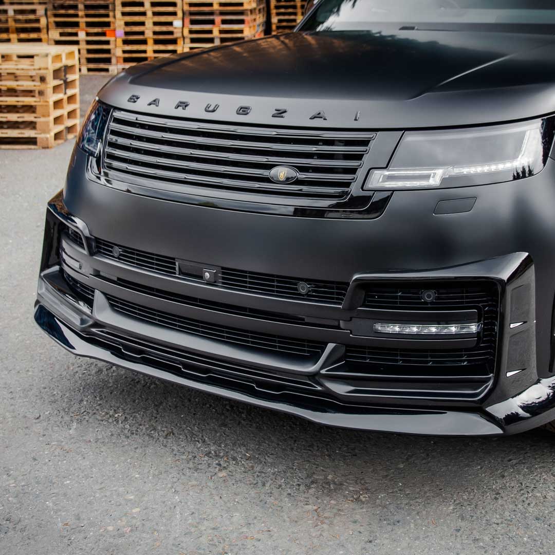 Black Close-up of Barugzai Nebula Widebody Kit front bumper apron design on Range Rover L460