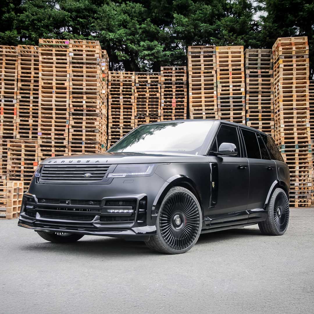 Black Luxury Range Rover L460 upgraded with Barugzai Nebula Widebody Kit – wide stance front three-quarter angle