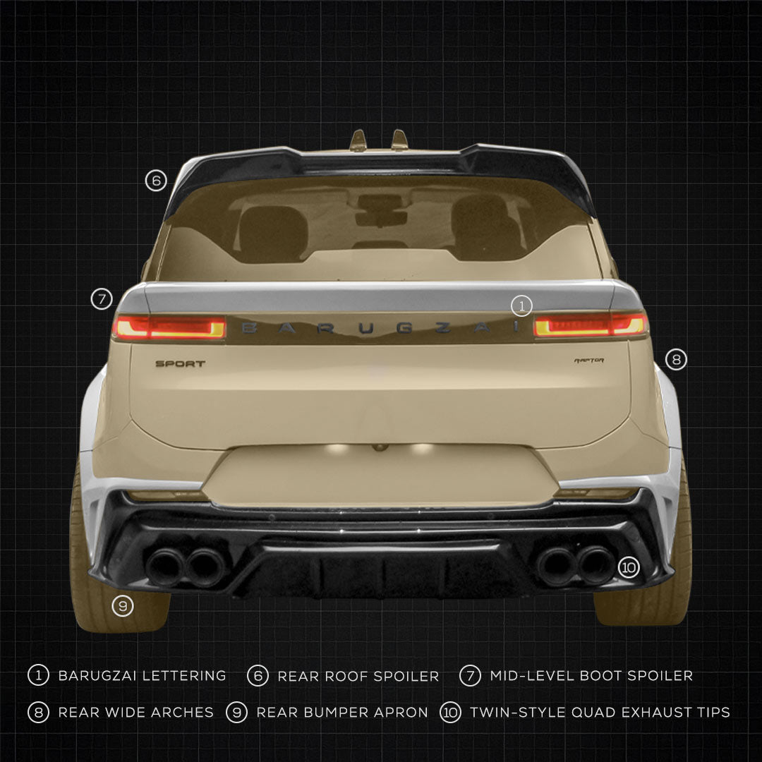 Barugzai Raptor body kit rear view highlighting rear roof spoiler, mid-level boot spoiler, rear wide arches, rear bumper apron, Barugzai lettering and quad exhaust tips on Range Rover Sport L461