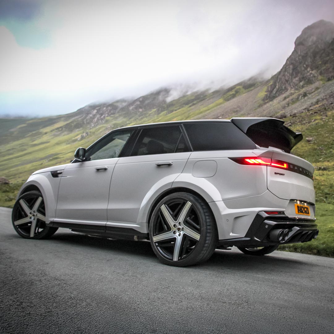 Nardo Grey Range Rover Sport L461 fitted with Barugzai Raptor Widebody Kit – rear three-quarter view with diffuser and spoilers