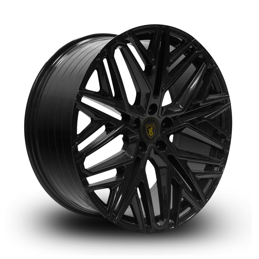 Angled view of Barugzai Shuracan alloy wheel in gloss black finish