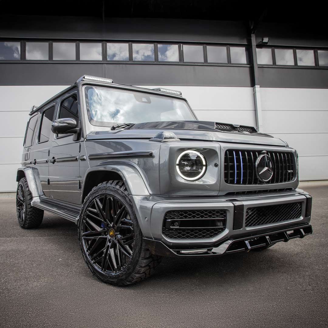 Barugzai Shuracan gloss black wheels fitted to widebody Mercedes G Wagon G63 AMG Barugzai Tempest build.