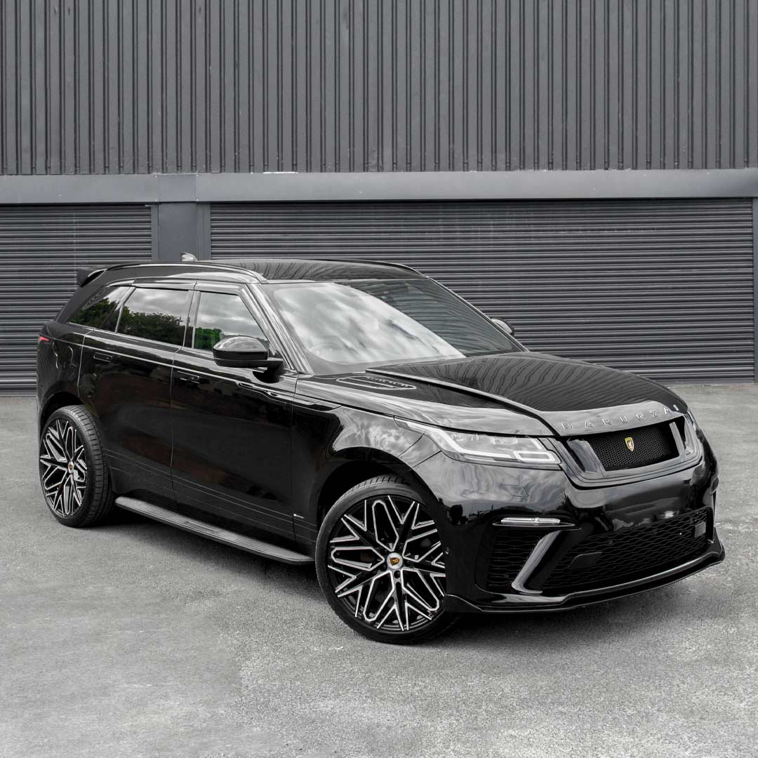 Barugzai Shuracan wheels gloss black with diamond cut face on a Range Rover Velar L560 Barugzai build