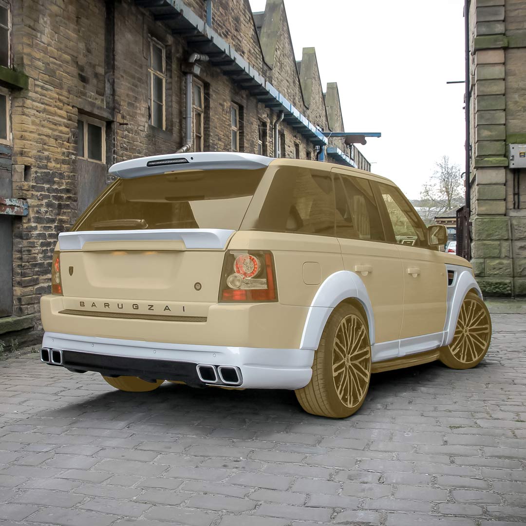 Rear quarter hero shot of white Range Rover Sport L320 with Classic Sport 320 kit components revealed