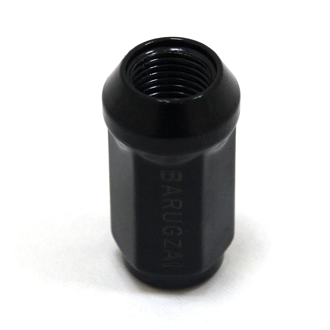 Black threaded metal bolt nut inverted on a white background.