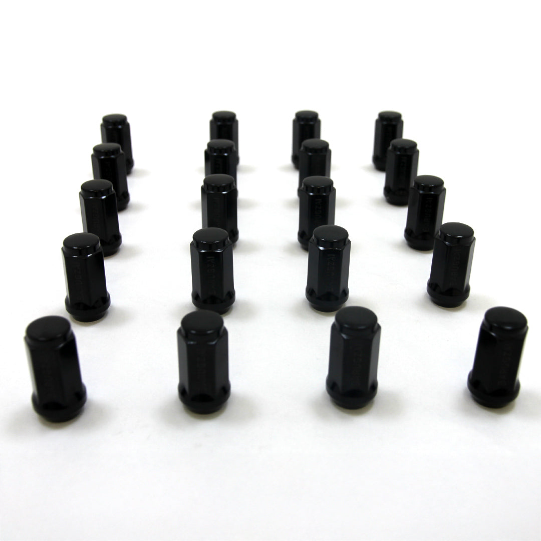 Multiple black cylindrical Wheel Bolts 19MM arranged on a white background