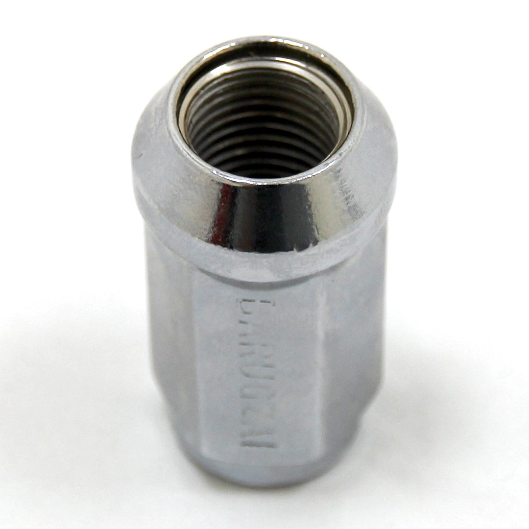 Metal Chrome hex nut 19 MM inverted on a white background