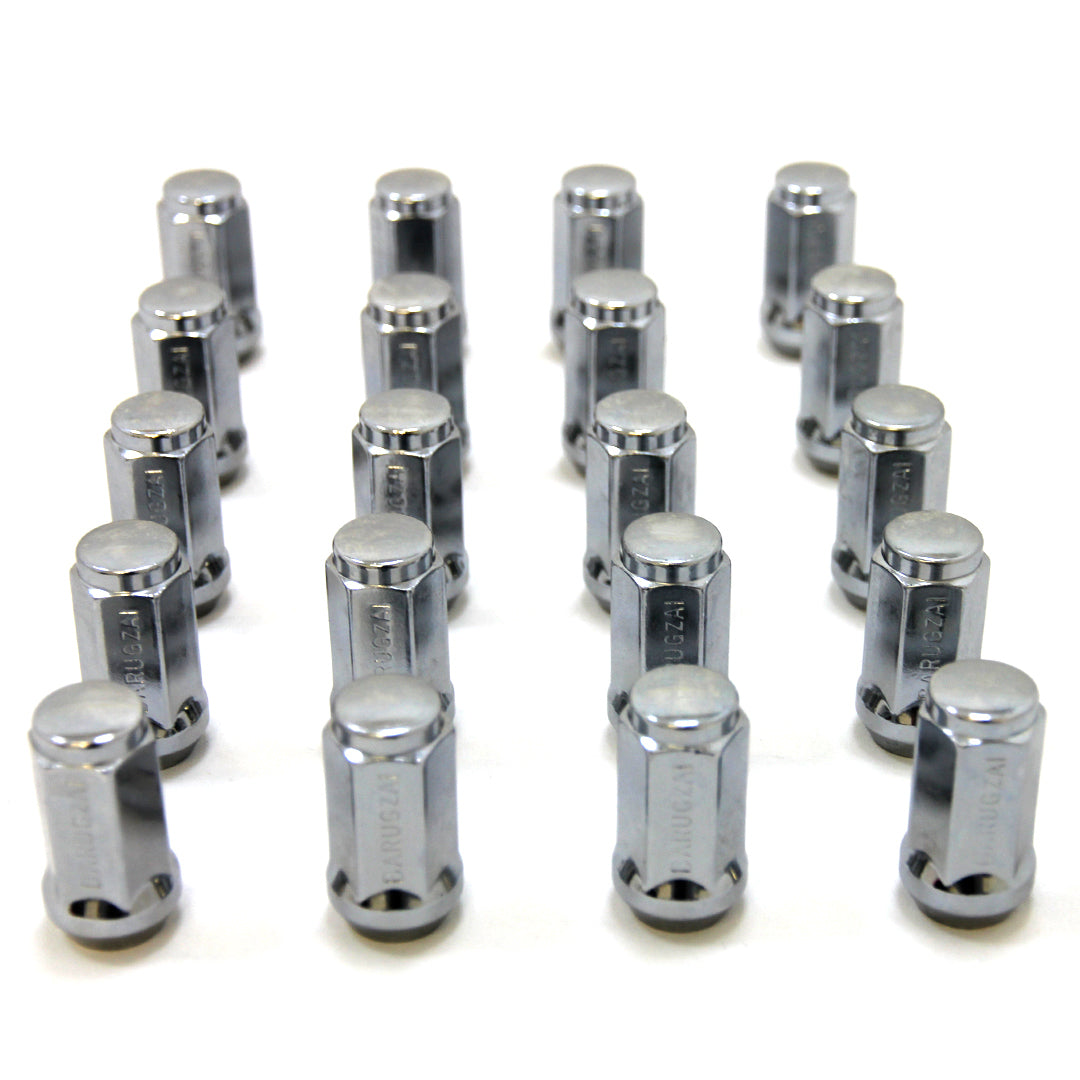 Set of chrome metallic 19MM wheel bolts on a white background.