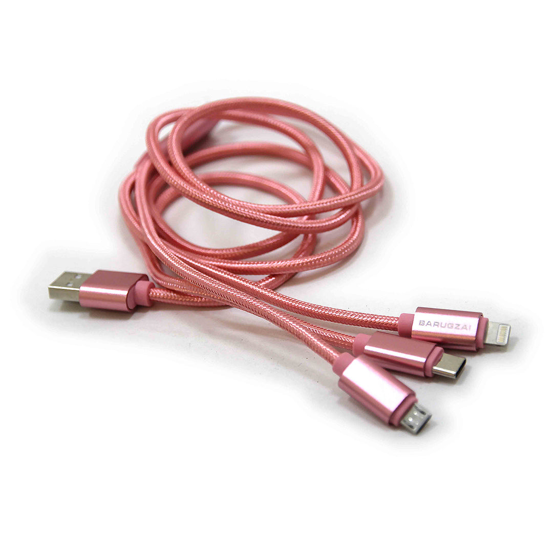 Pink multi-device Barugzai charging cable on a white background