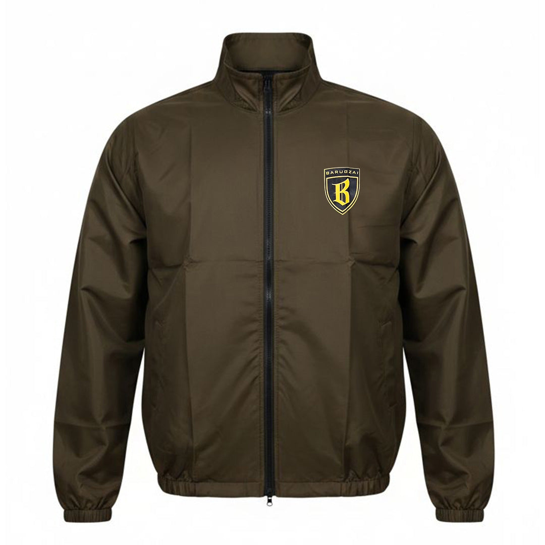 Brown jacket with a logo on the chest against a white background