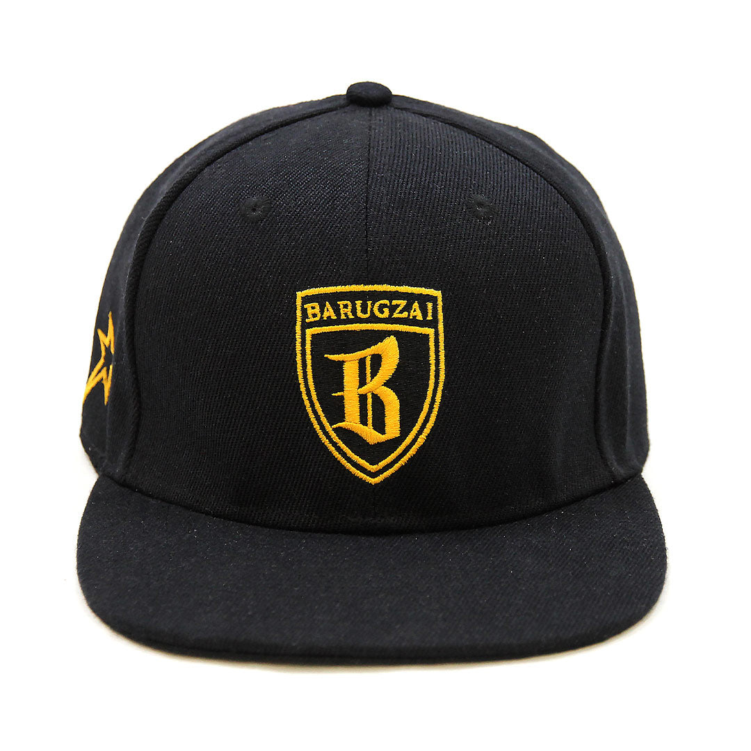 Barugzai B-Star Signature Snapback Cap front view black with gold embroidered shield crest logo