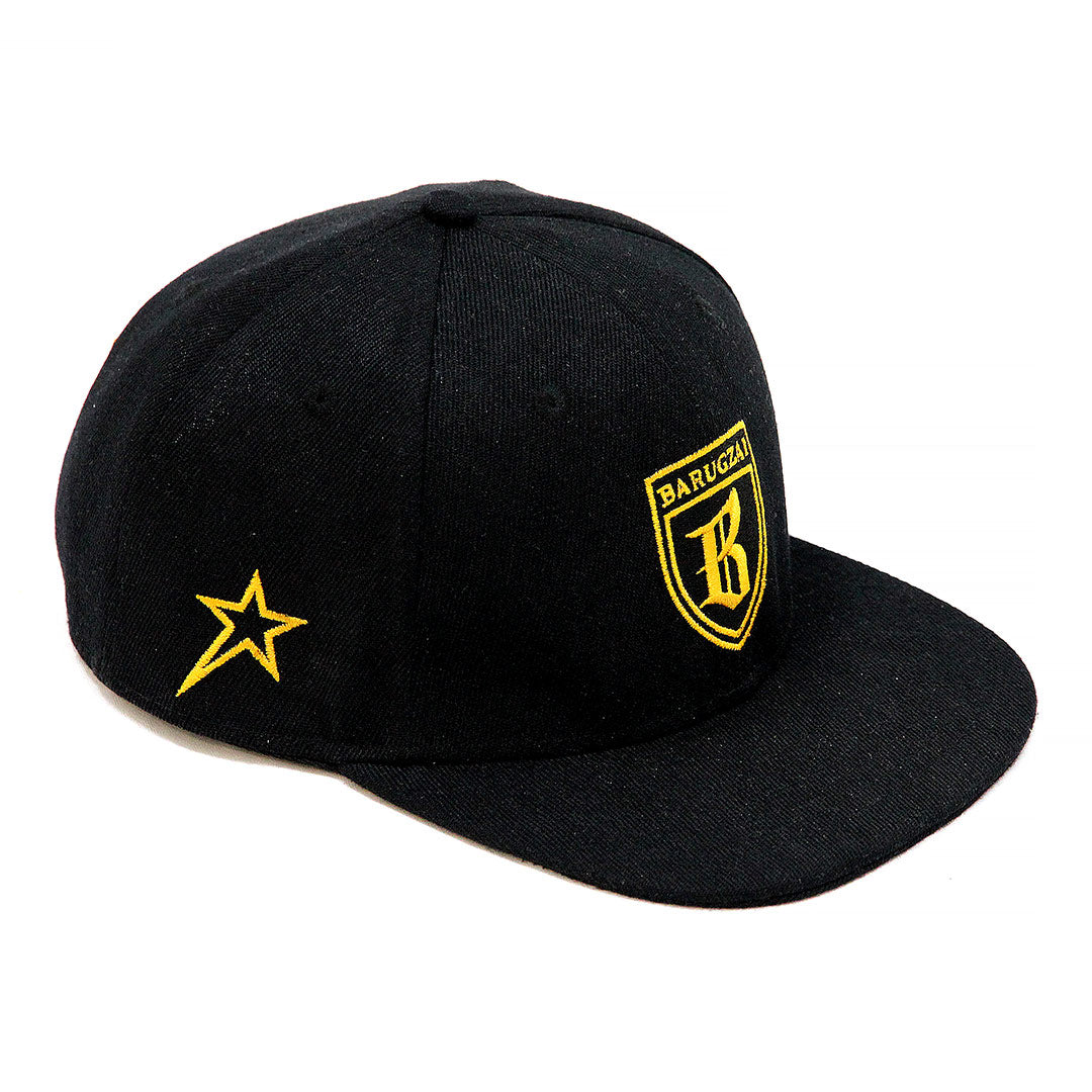 Barugzai black snapback cap rear quarter angle showing gold star embroidery and arched rear branding